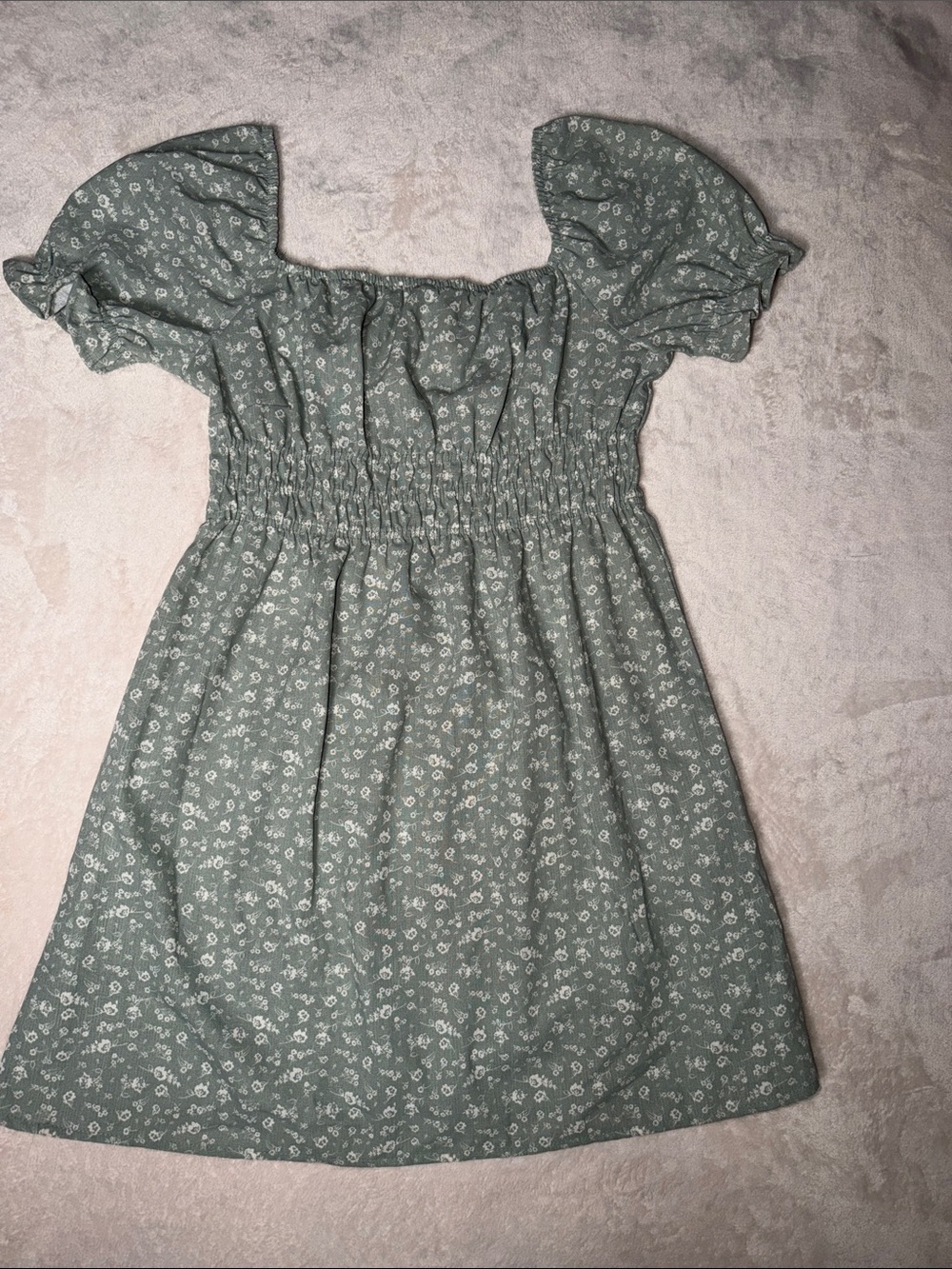 IRIS Sage Green Floral Smocked Cottagecore Puff Sleeve Linen Blend Mini Dress L⁠ - Picture 3 of 6